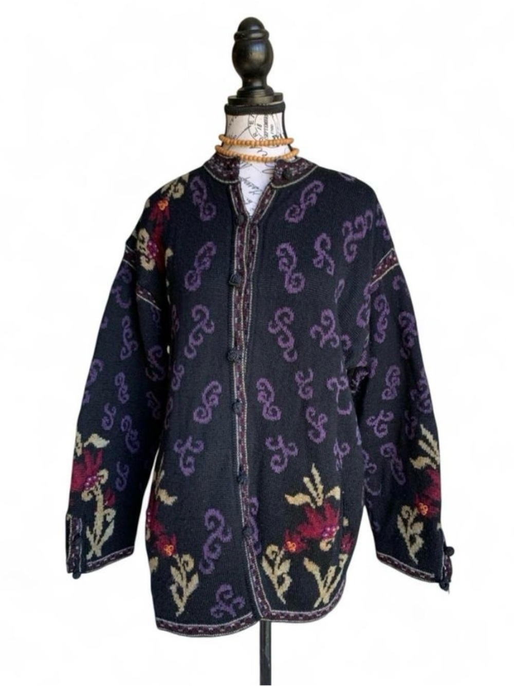 VTG Nordic Design Wool/Acrylic Floral Cardigan Size L Cottagecore Boho